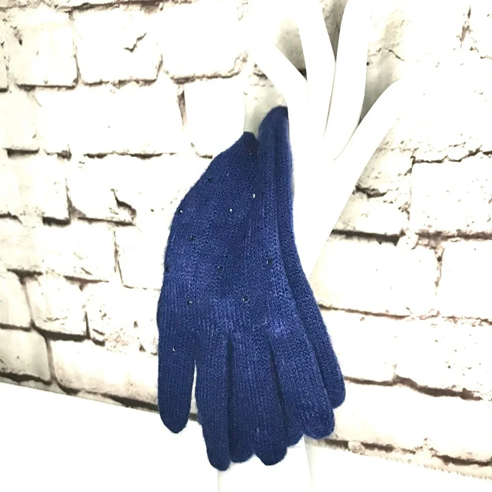 NWT Embellished Navy Blue Knit Gloves One size 1 Pair NEW WITH TAGS